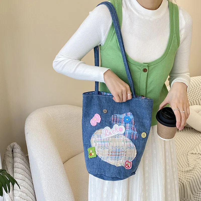 1 Piece Dopamine Denim Shoulder Bag for Girl Sweet American Style Bucket Shoulder Bag Cute Portable High Capacity Student Bag