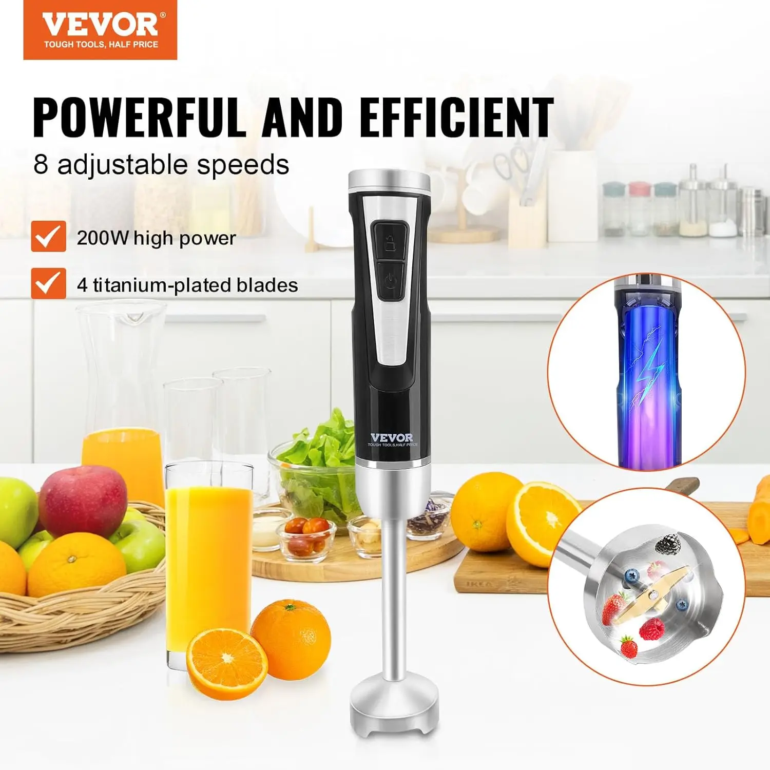 Hand Blender, 8 Variable Speeds Immersion Blender, Stainless Steel Handheld Blender Powerful Motor Hand Mixer