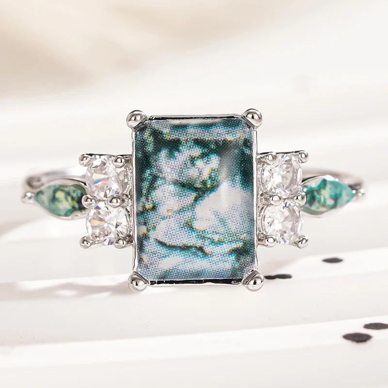 Huitan Statement-Ringe mit abstraktem Kunstmarmor-Print für Damen, silberfarben, grünes Marmormuster, quadratischer Ring, Partyschmuck
