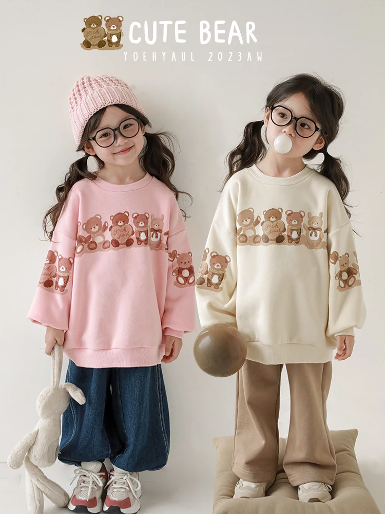 

Girls' Bear Print Sweatshirt Autumn Children's Vitality Cute Plush Loose Leisure Long Sleeve Top