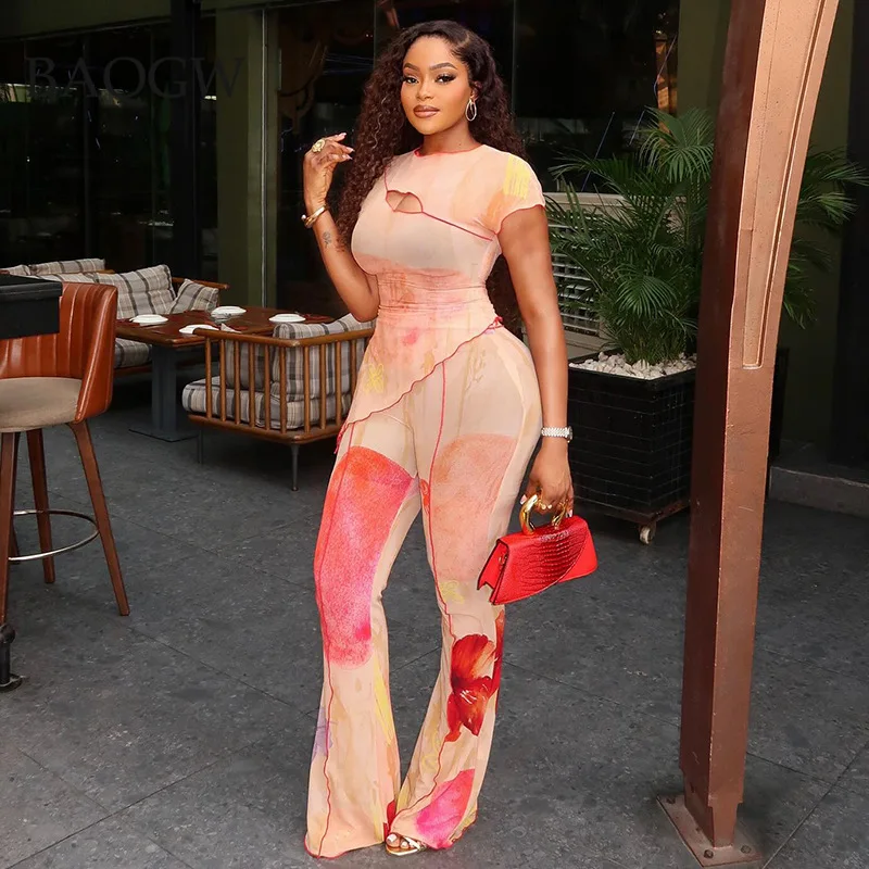 Gradient Floral Print Two Piece Outfit Short Sleeve Cutout Top and Flared Pants for Clubwear Summer Women Tracksuit