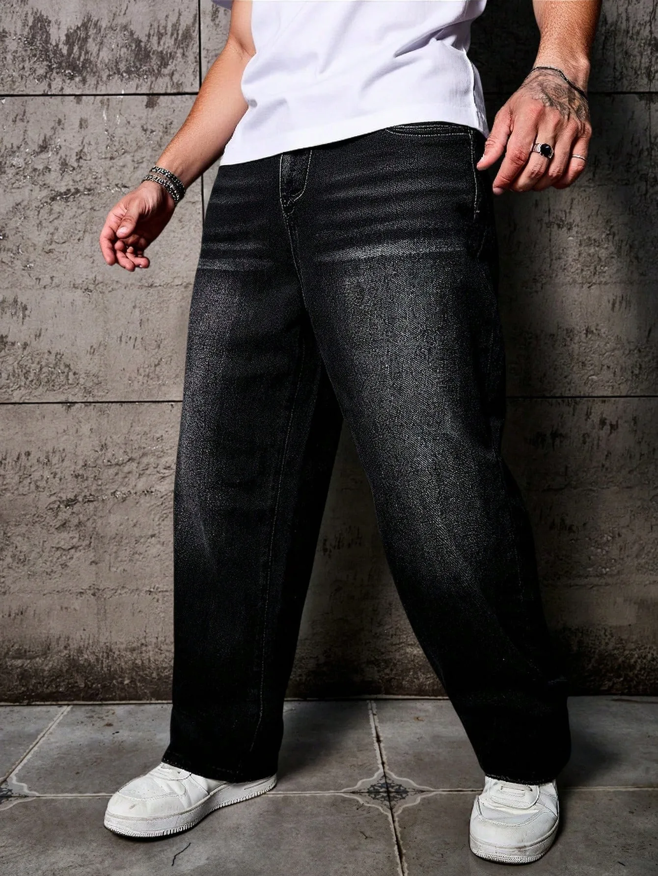 1 قطعة جينز مستقيم مريح للرجال باللون الأسود مغسول وفضفاض وواسع الساق، هدية مثالية للزوج والصديق #3