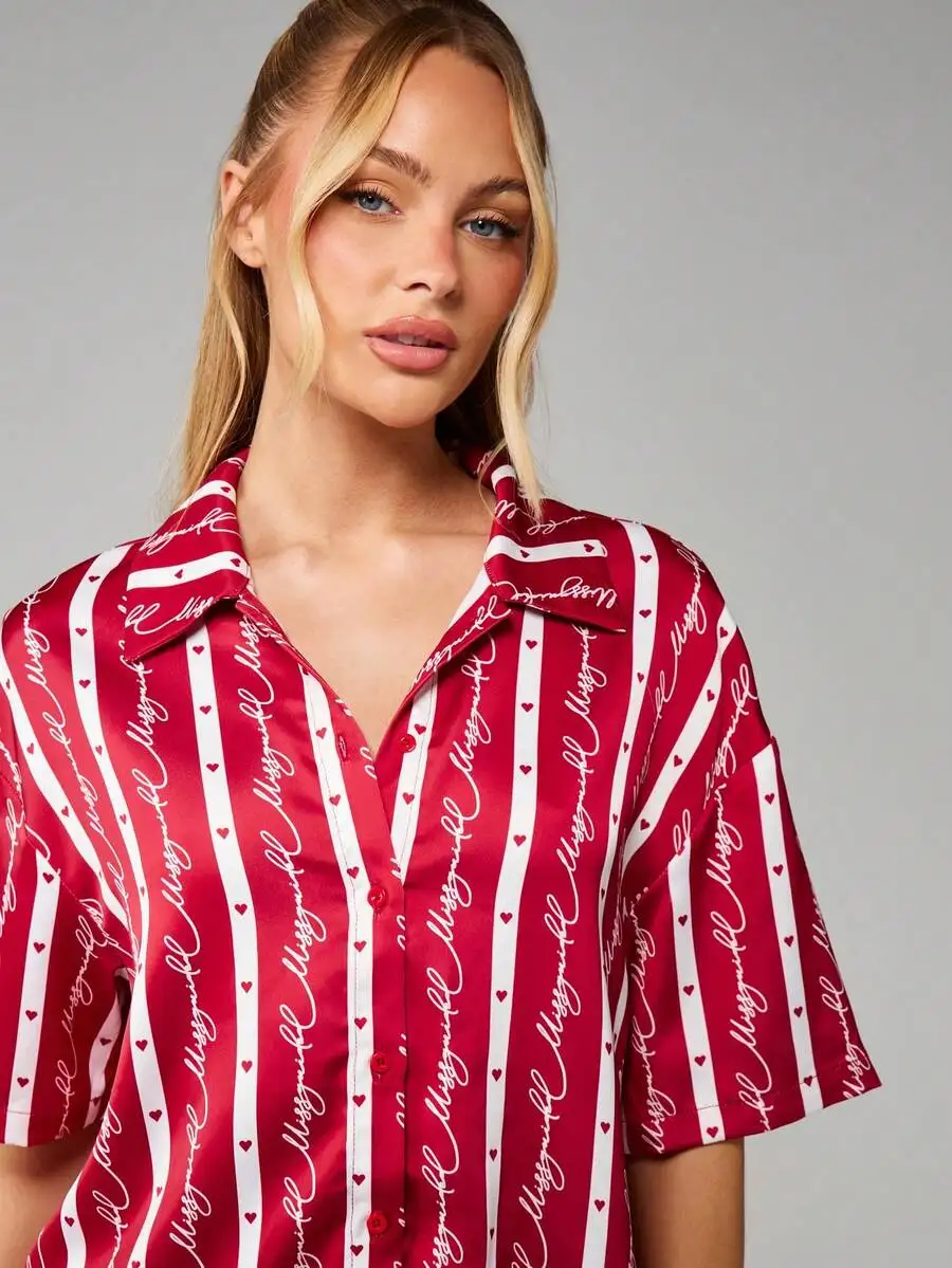 

Red Striped Button Front Sleep Top With Heart And Script Print