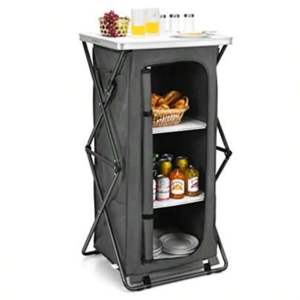 Folding Camping Storage Cabinet with 3 Shelves, Carry Bag, Portable Outdoor Organizer Kitchen Table, Quick Set-Up Pop-Up Cupboard for BBQ Picnic Backyard, Compact Sideboard, Heavy Duty Steel Frame, Waterproof Oxford Cloth, Locking Zippers