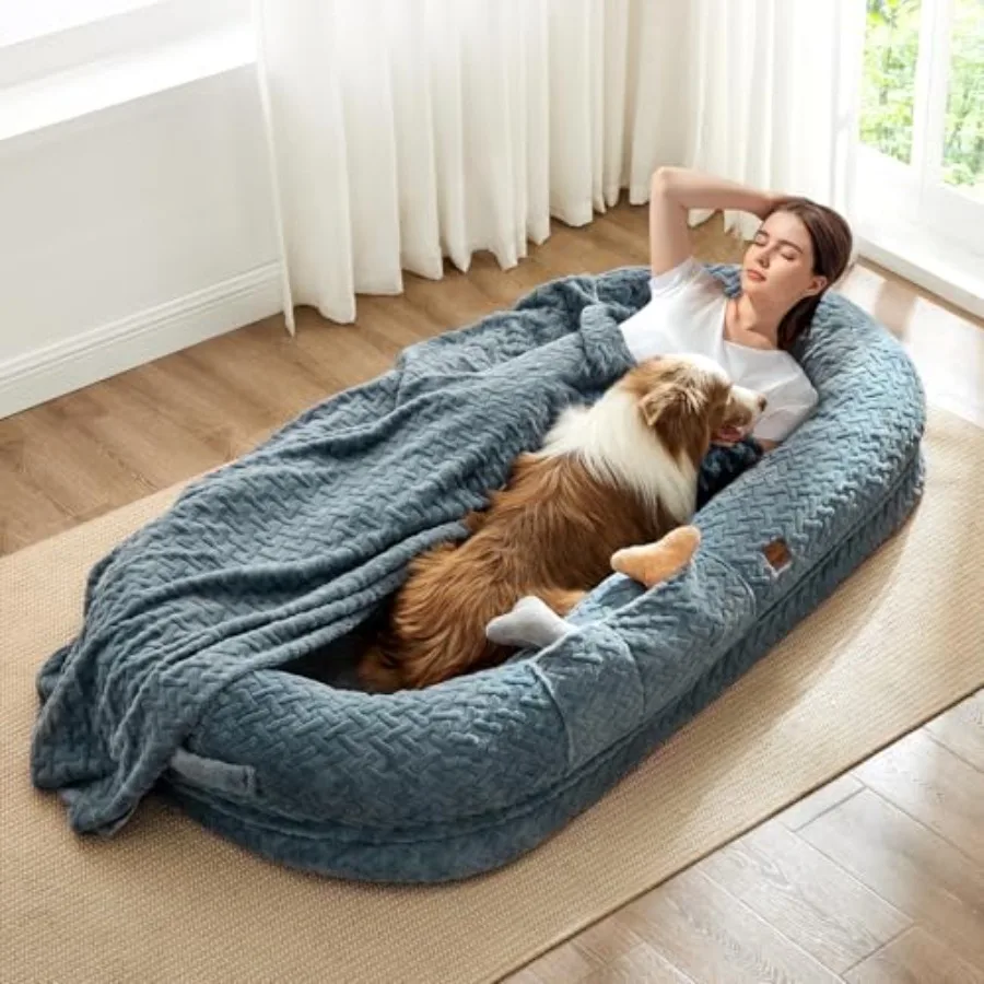 

Лежанка для собак Human Dog Bed для взрослых - Роскошная лежанка для собак из искусственного меха гигантского размера с портативной ручкой, ортопедическая лежанка из пеноматериала Egg Foam с одеялом, 72"x40"x.