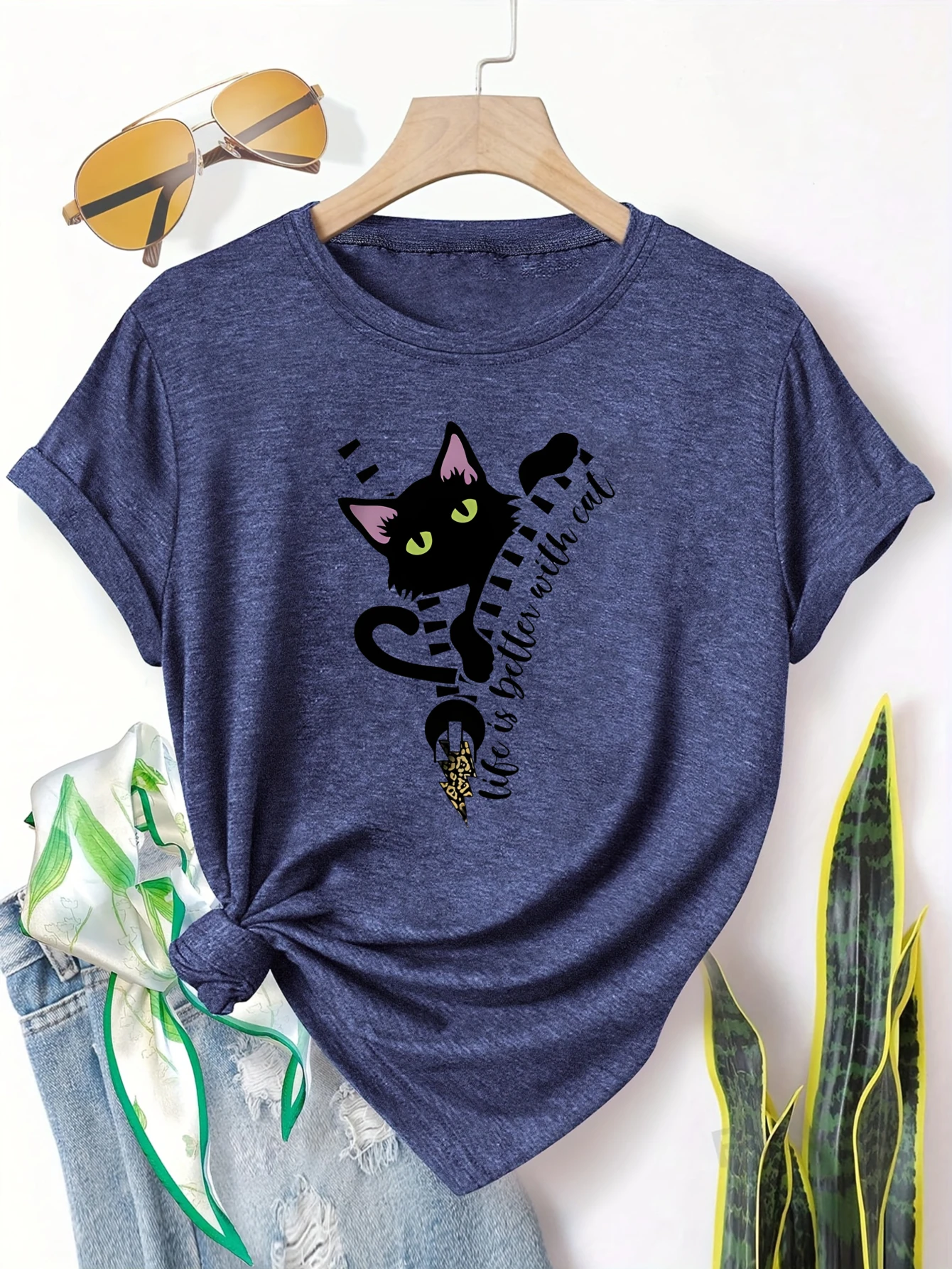 

Plus size women's short sleeve T-shirt Black Cat With Quote Print Spring and Summer Essentials summer outfits women's clothing