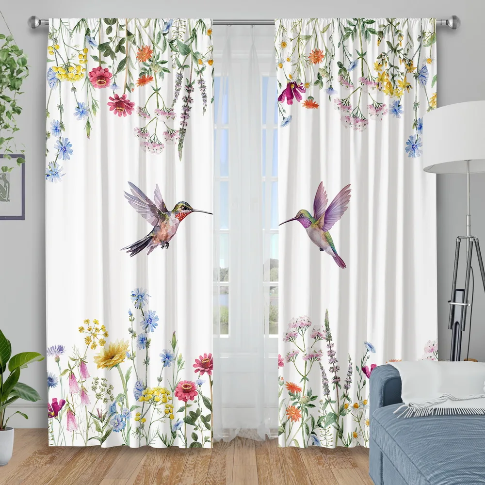 Watercolor Hummingbird and Wildflower Curtains, Colorful Bird Print Sheer Drapes for Living Room, Nature Home Decor
