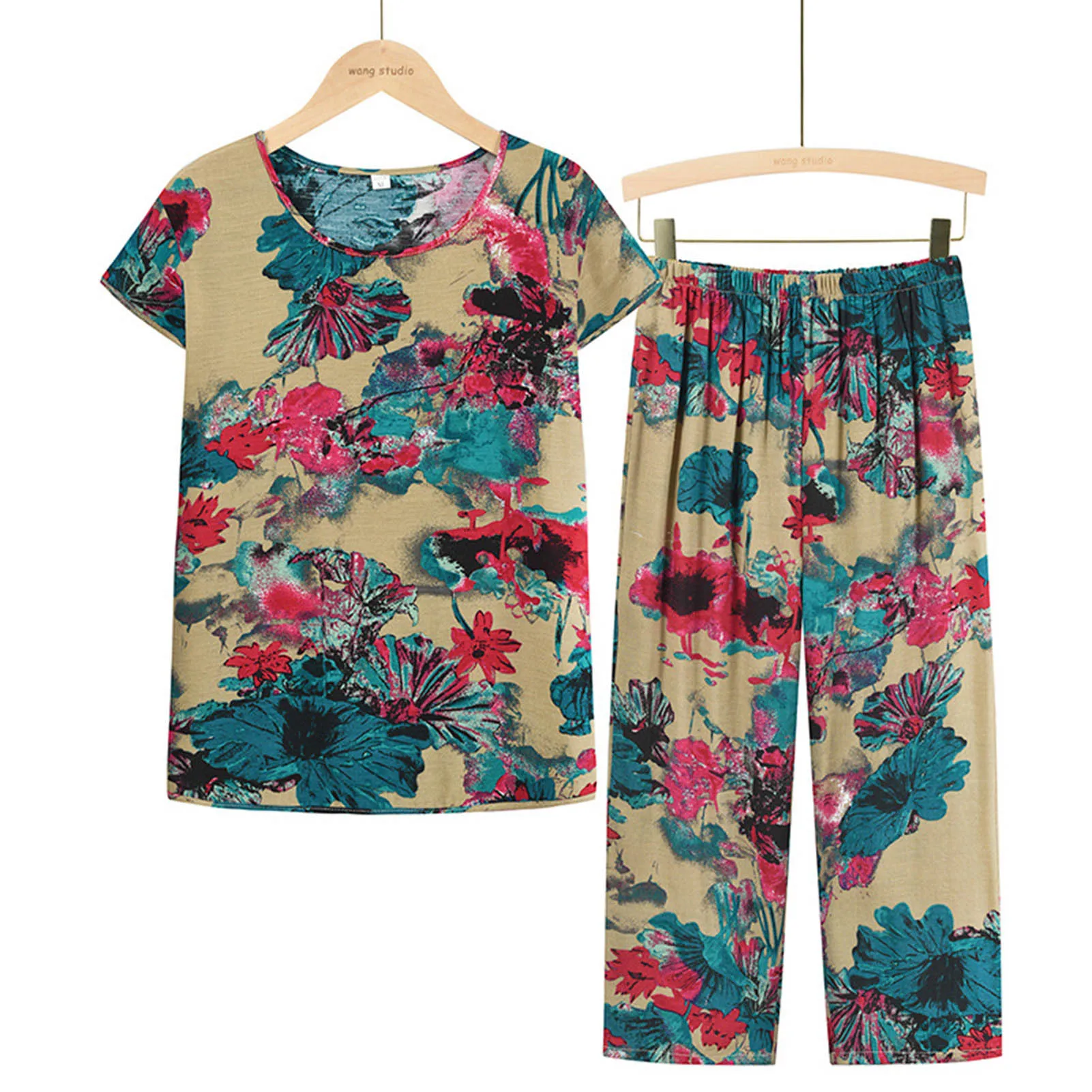 Women's Two-Piece Home Clothes Floral Pattern Breathable T-shirt and Pants Set for Home Bedroom Sleeping