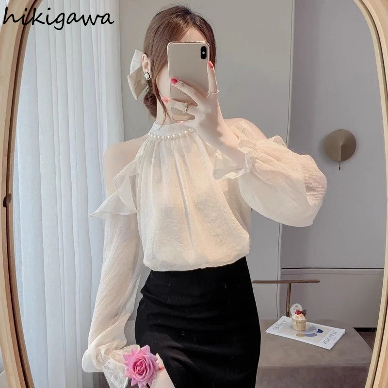 Temperament Lady Tops Korean Chic Blouses for Women Beading O-neck Long Sleeve Shirts Off Shoulder Summer Loose Camisas De Mujer