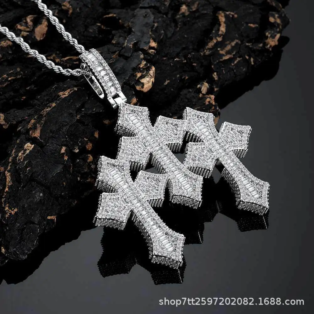 Cro Hip Hop Jewelry Classic Full Diamond Cross Pendant High Grade T-Square Zircon Men's and Women's Necklace