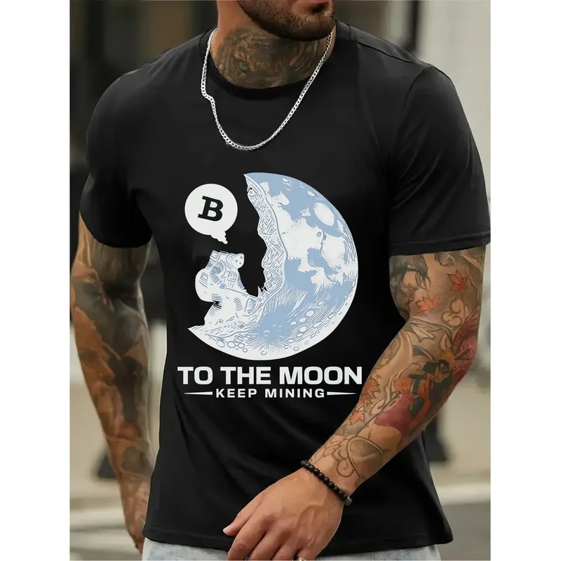 Men's fashion printed T-shirt with a Bitcoin flying to the moon pattern, summer short-sleeve T-shirt, Suitable for everyday wear