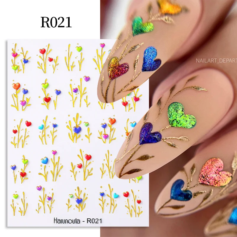 Harunouta Golden Flower 5D Nail Stickers Embossed Floral Heart Nail Decals Decor Spring Acrylic Adhesive Sliders Manicure