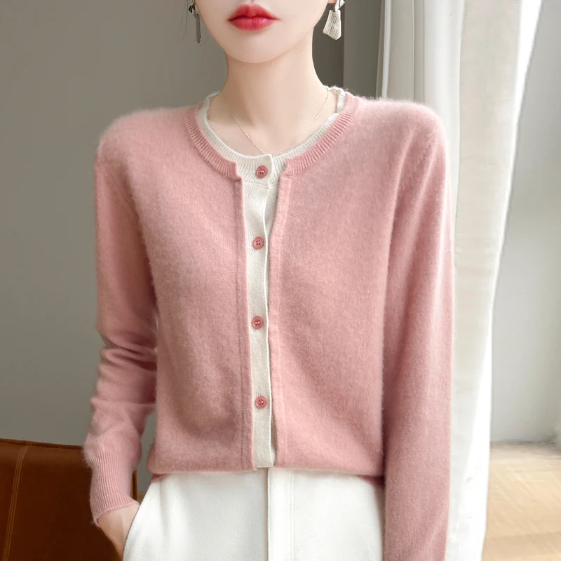 Autumn and winter new 100% pure sweater women's O-neck cardigan fake two loose casual contrast long-sleeved coat.