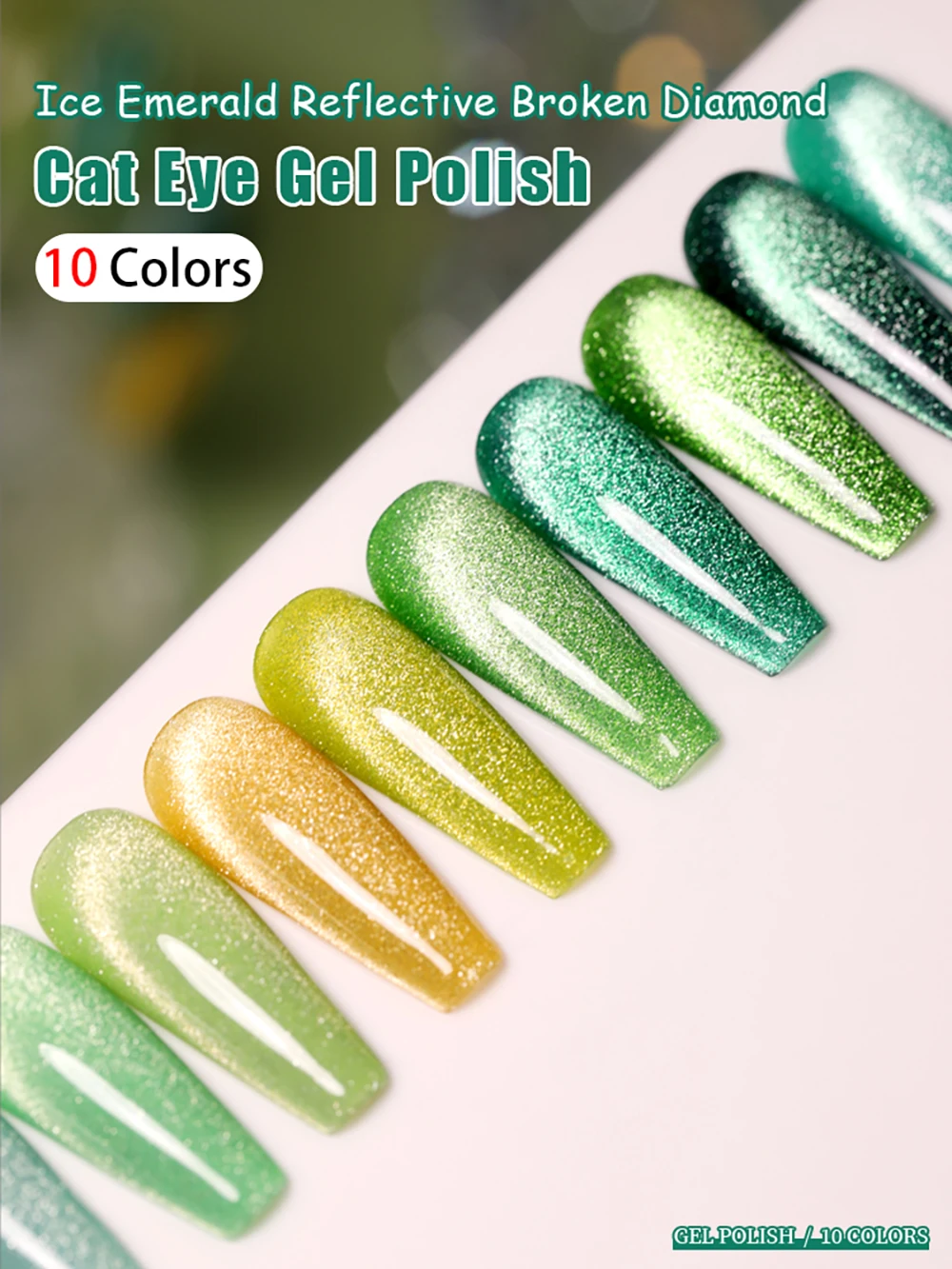 Vendeeni 10 Farben Grüner Glitzer-Brocken-Diamant-Katzenaugen-Gel-Nagellack Magnetischer UV-Soak-Off-Gel-Lack Eis-Smaragd-Gel-Lack – Detail 1