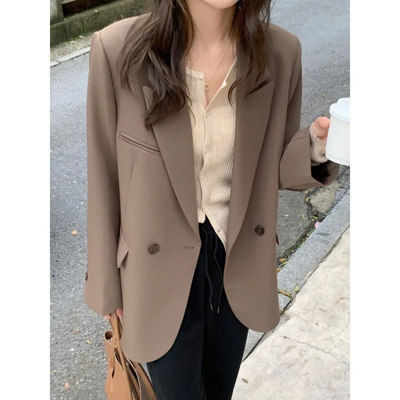 Korean Fashion Black Blazer for Women Classic Turn Down Collar Loose Suit Jacket Female Long Sleeve Pockets Outerwear Woman