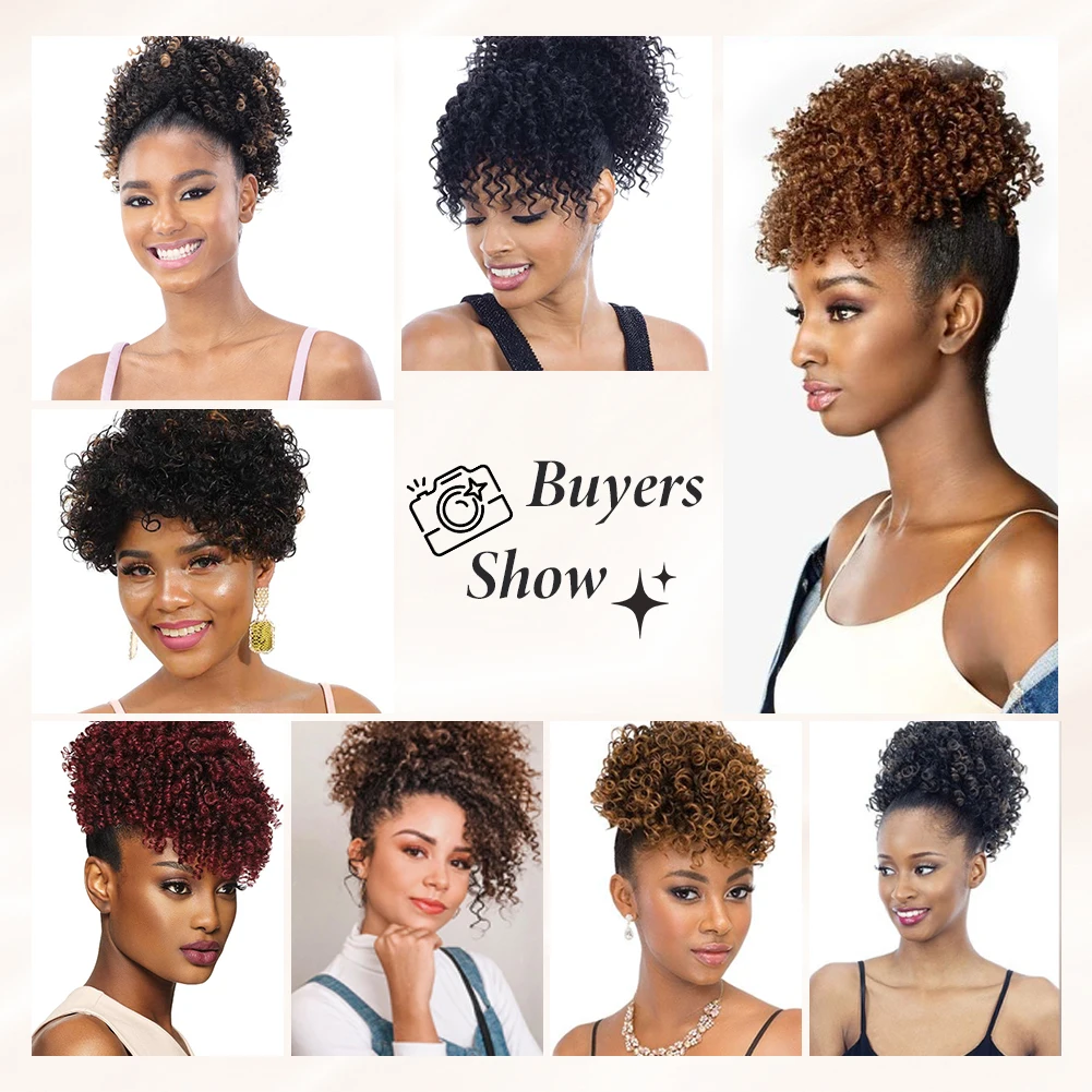 Afro Puff Proximity Wstring Synthetic Ponytail, Short Kinky Curly Hair Extensions, Chignon Postiches, Updo Hair Bun with Two Clips