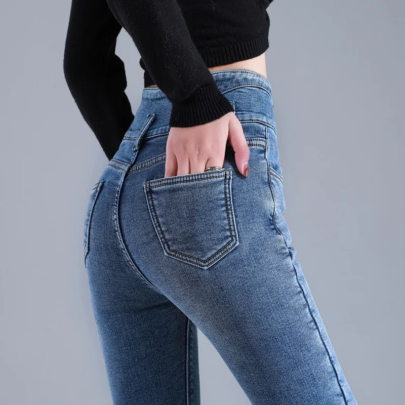 Women Thermal Jeans Winter Snow Warm Plush Stretch High Waist Jeans Lady Skinny Thicken Denim Retro Blue Pants Mom Sexy Trousers