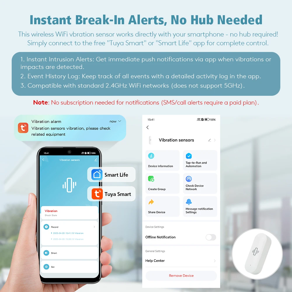 Tuyasmart Life APP Notification Home 2.4GHz WiFi Vibration Sensor Detection Real-Time Motion Shock Alarm History Record Security