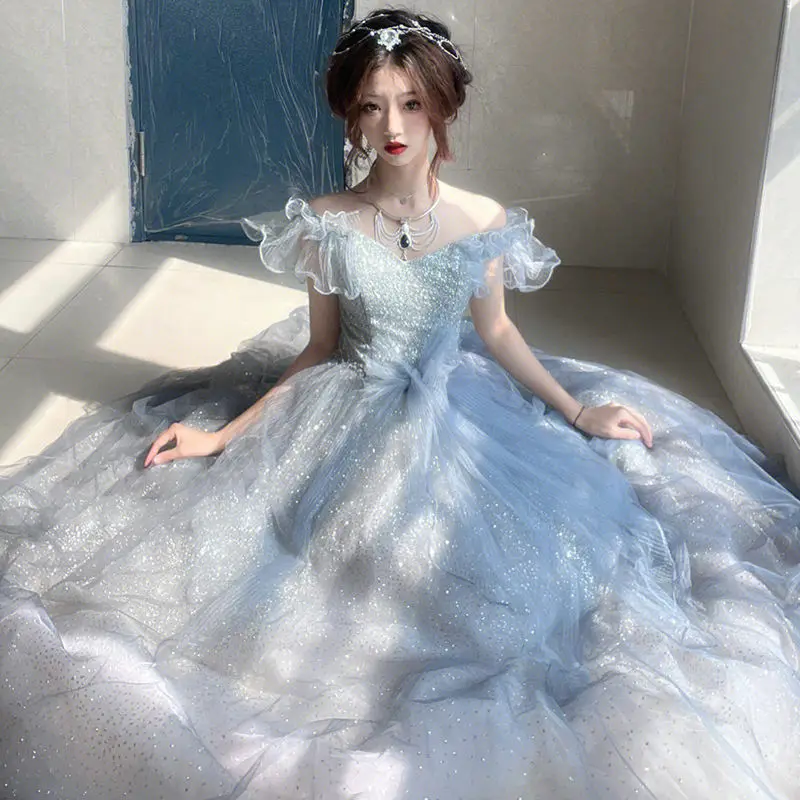 

French Style Blue Evening Dress Off Shoulder Sequin Bow A-line Quinceanera Dresses Exquisite Elegant Modern Formal Gown