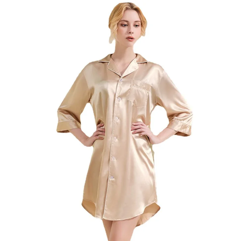 

Solid Color Shirt Sleepwear Loose Plus Size Summer Seven-Quarter Sleeved Silk Pajamas Homewear Women'S V-Neck Shirt Nightdress