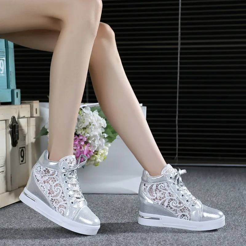 Summer Women Lace Casual Shoes Woman Breathable Mesh Sneakers Flats Lace  High Heels Platform Wedges Ladies