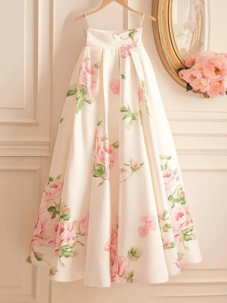 

2025 Fashion New Flower Print White Skirts Vintage High Waist A-line Skirt For Women Mid-length Loose Faldas Mujer