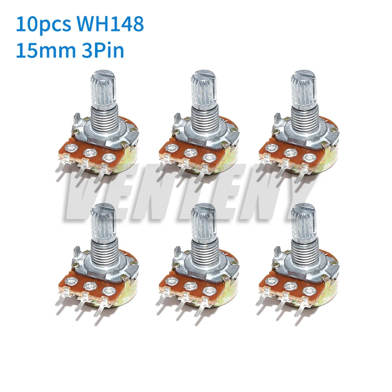 10 peças 15mm 3 pinos wh148 potenciômetro linear 1k 2k 5k 10k 20k 50k 100k 250k 1m kit de potenciômetros com porcas e arruelas