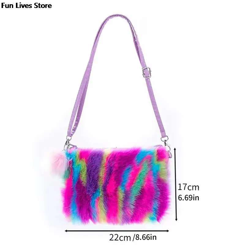 Women Colorful Plush Shoulder Bag Rainbow Fur Handbags Cute Crossbody Bags Adjustable Leather Belts Satchels Girls Furry Handbag