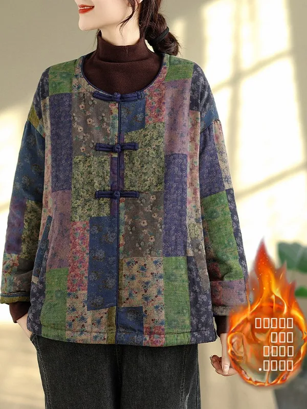 

Retro Large Size Printed Button up f High Collar Casual Cotton Jaet Outerwear Thiened Long Sve Regular Fit Coat