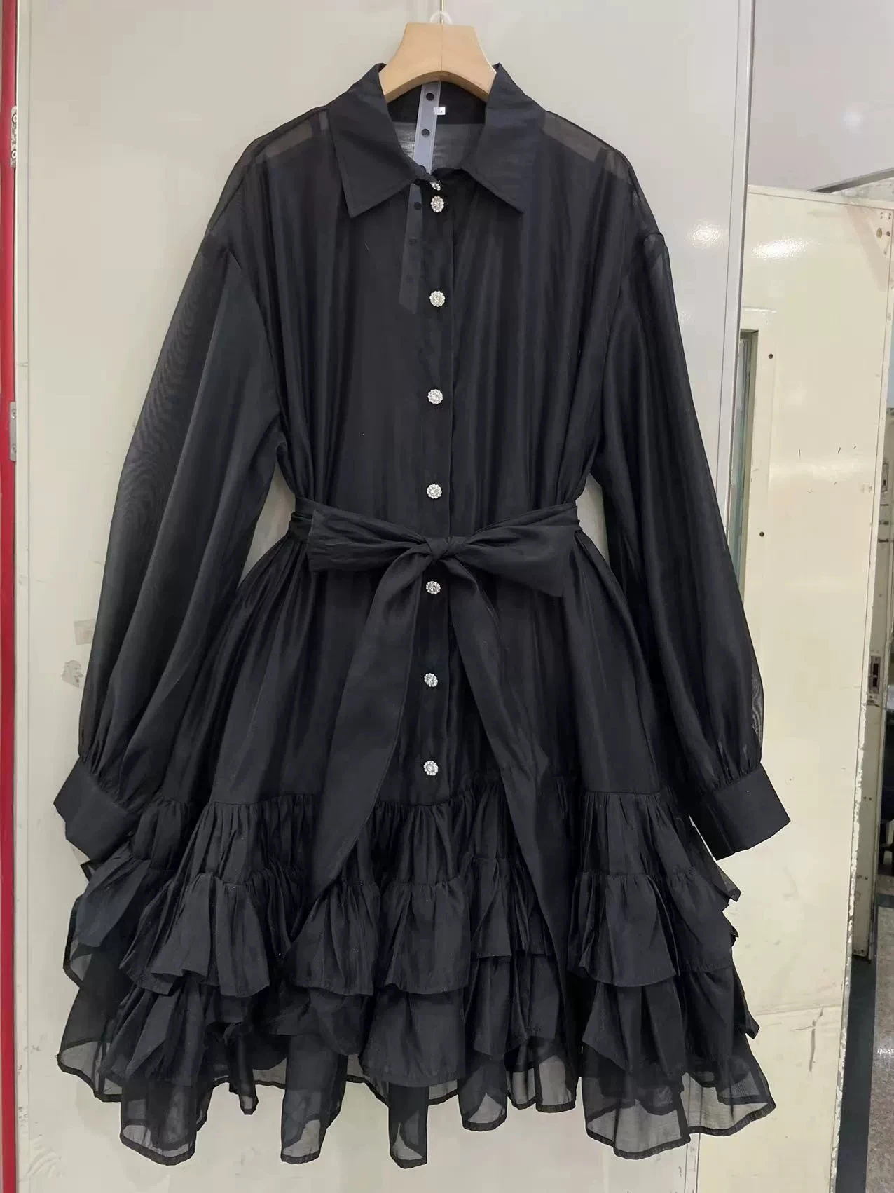 Primavera e verão feminino casual camisa vestido lapela cinto bainha decorativa costura camada solta novo estilo-GZXX020