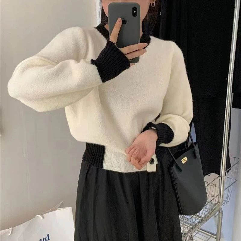 Autumn Winter New Fashion Round Neck Long Sleeve Contrast Color Pullovers Women's Clothing Waist Retraction Korean Knitting Tops