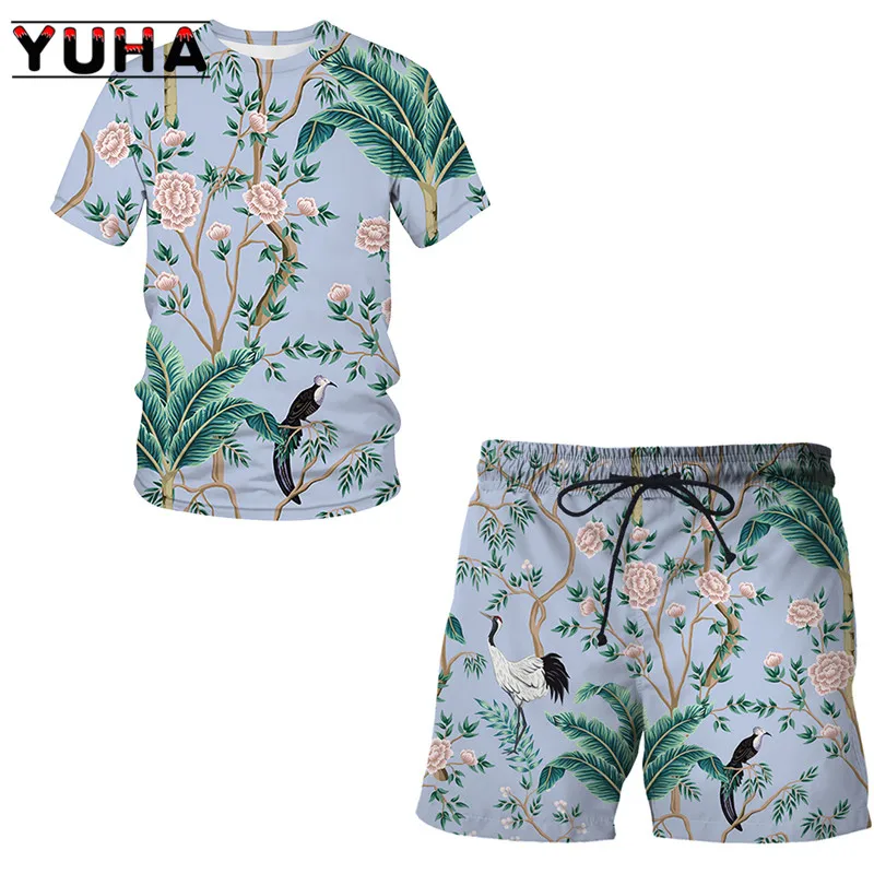 Yuha verão terno 3d flor, pássaro e planta ilustração camiseta shorts hip hop homem/mulher topos roupas crianças manga curta