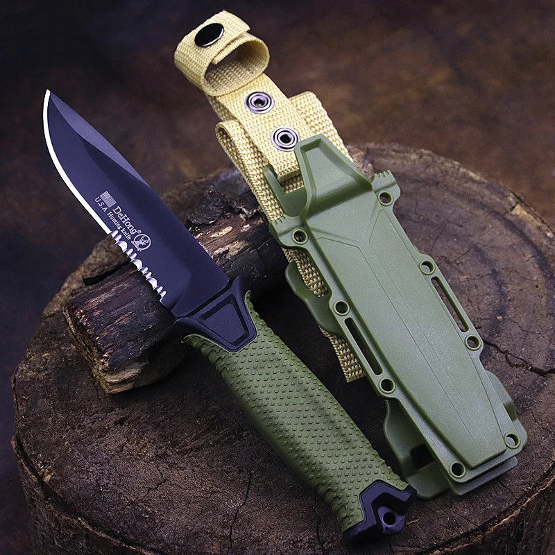 USA DEHONG Green 440C Tactical Straight Knife Half-tooth multi-purpose Camping knife Jungle Hunting knife EDC tool knife