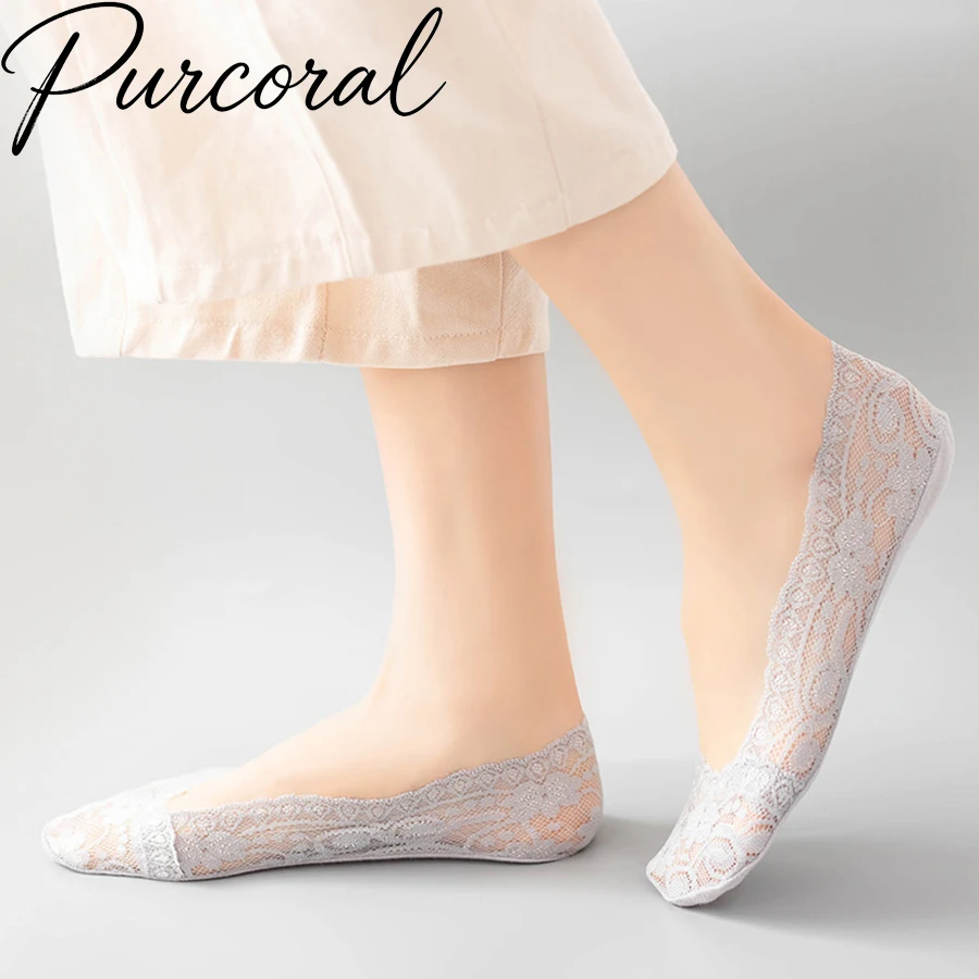3 Pcs Lace Socks Ship Socks Women's Socks Shallow Mouth Invisible Cotton Bottom Thin Silicone Anti slip Ice Silk Short Socks
