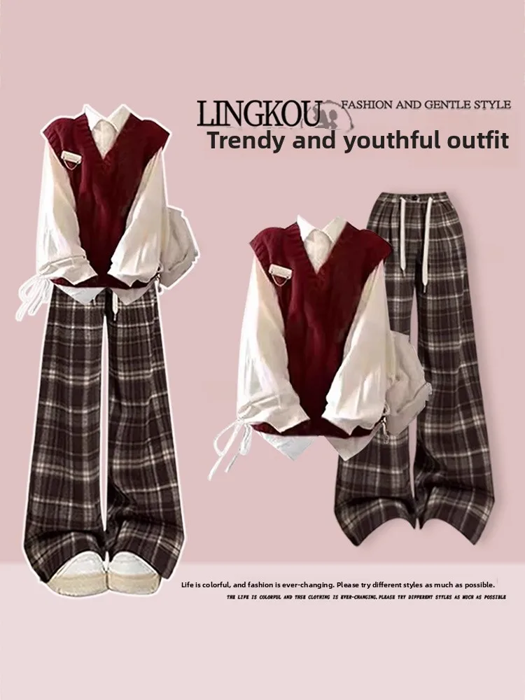

Korean Style Autumn Set Women's Anti-Aging Miniature Vest Base Shirt with High Waist Plaid Casual Pants Three-piece Set