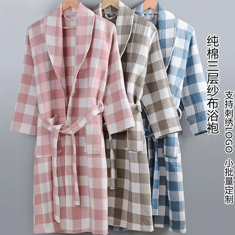Spring Autumn Three Layer Gauze Cotton Robe Night Wear Couple Plaid Printed Sleepwear Bathrobe Kimono Loose Casual Loungewear