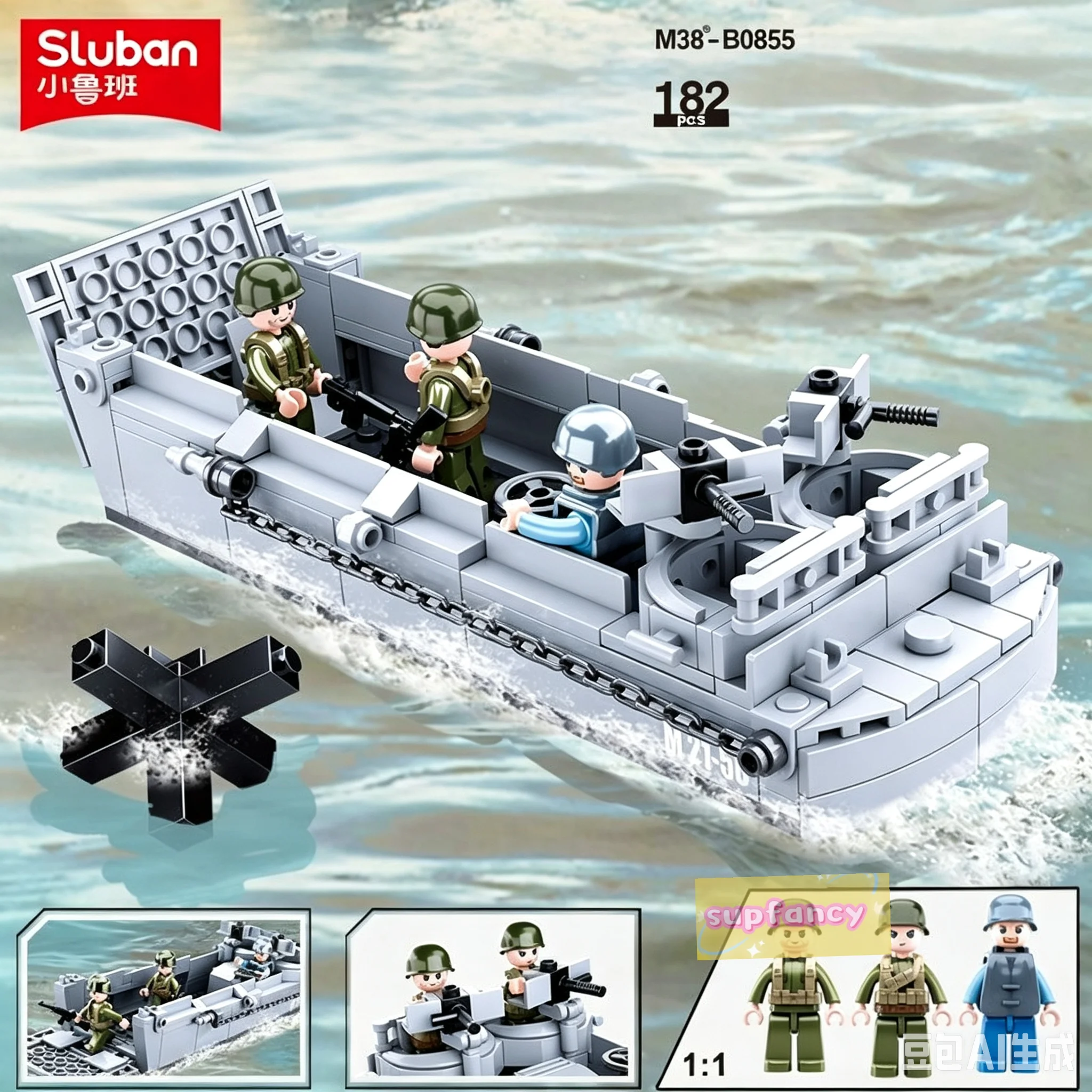 Kit de blocs de construction Sluban Landing Vessel, modèle de bateau de transport militaire avec figurines de soldats, 182 pièces, jouet en briques DIY pour enfants
