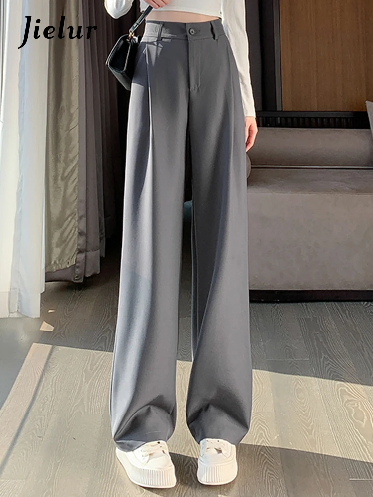 

Jielur Grey Basic Chic High Waist Slim Female Wide Leg Pants Classic Straight Simple Casual Fashion Solid Color Women Suit Pants