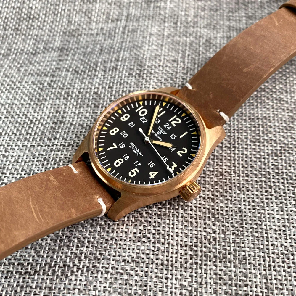 Imagem -04 - Tandorio Retro Piloto Relógio Automático para Homem Nh35 200m à Prova Impermeável Água Bronze Relógio de Pulso do Vintage Aviador Safira Luminosa 39 mm