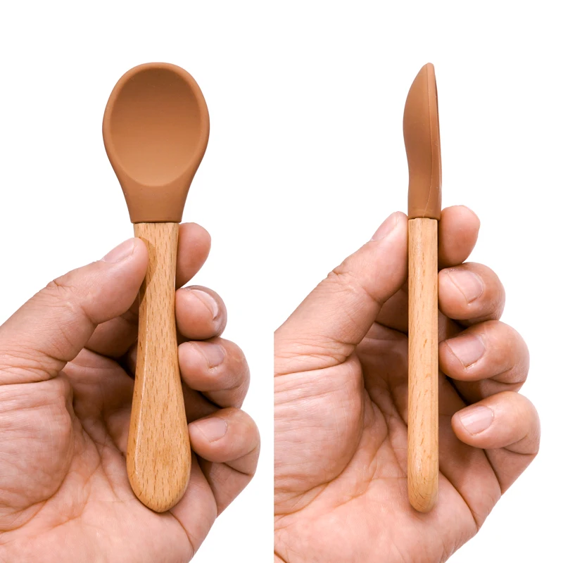 Feeding Wooden Handle Silicone Spoon For Baby Utensils Eat Soild Food Kids Training Manipulative Ability Children\'s Tableware