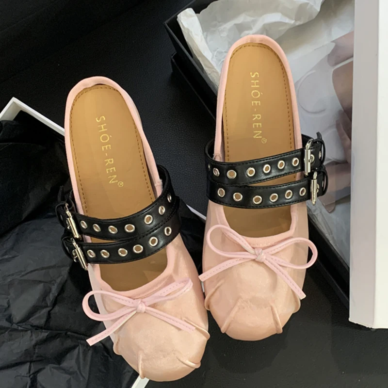 Sutra wanita sandal Wedges sepatu dangkal sutra sepatu Mules sepatu wanita musim panas kupu-kupu Mary Jane wanita sandal