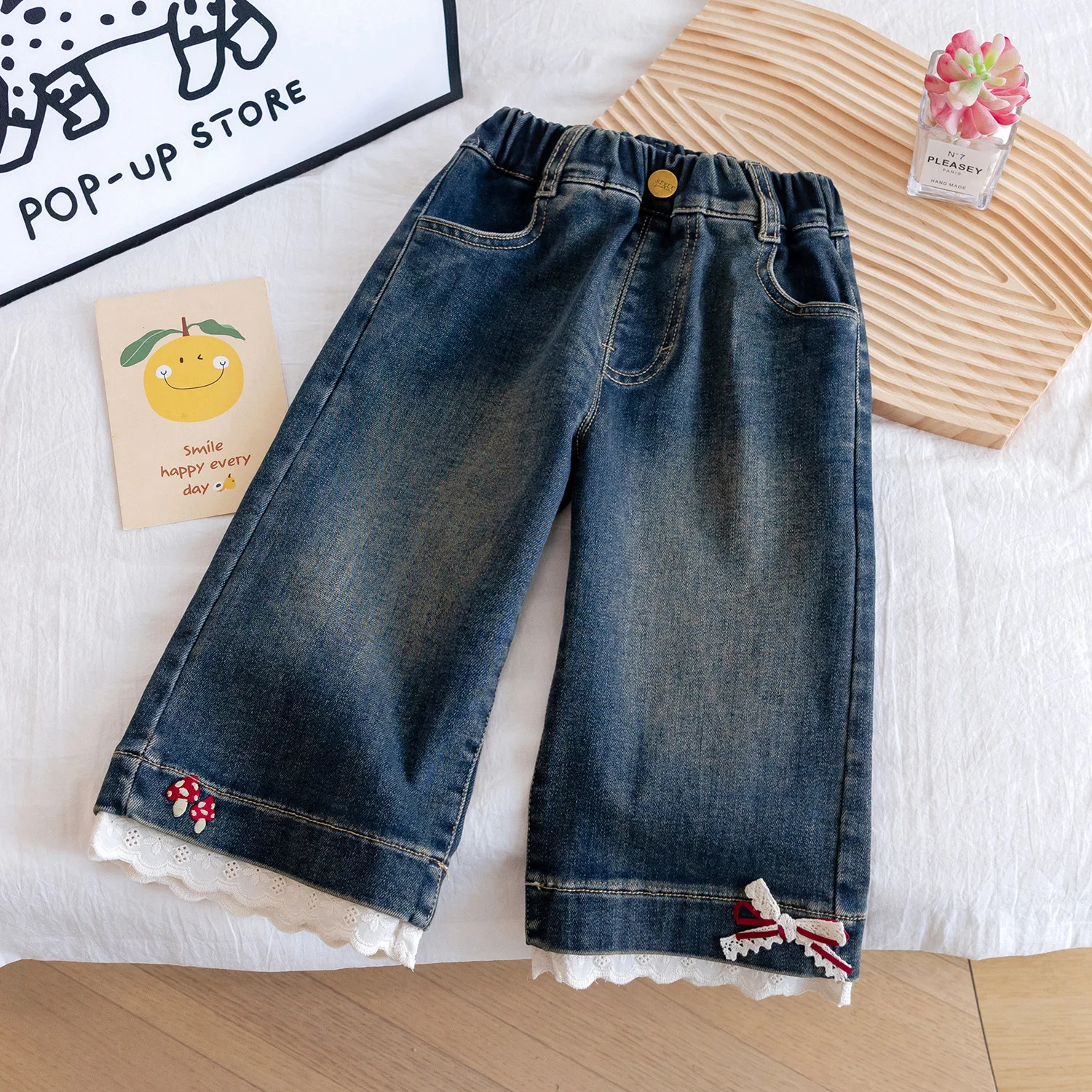 

Kids Girls Jeans New Winter Bow Appliques Toddler Girls Demin Pant Versatile Elastic Waist Infant Baby Girls Wide Leg Pant