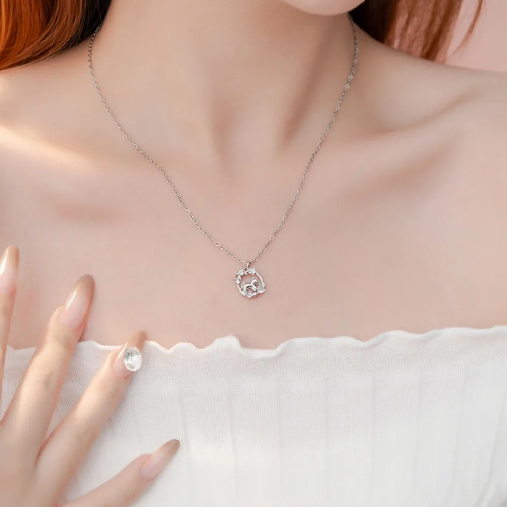 Original Design 925 Sterling Silver CZ Paved Pony Wreath Pendant Necklace for Women Zodiac Horse Series Dream Star Horse Jewelry