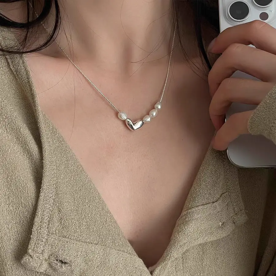 Silver color Necklace Pearls Heart Bean Love Irregular Geometric for Women Girl Aesthetic Jewelry Gift Dropshipping Wholesale