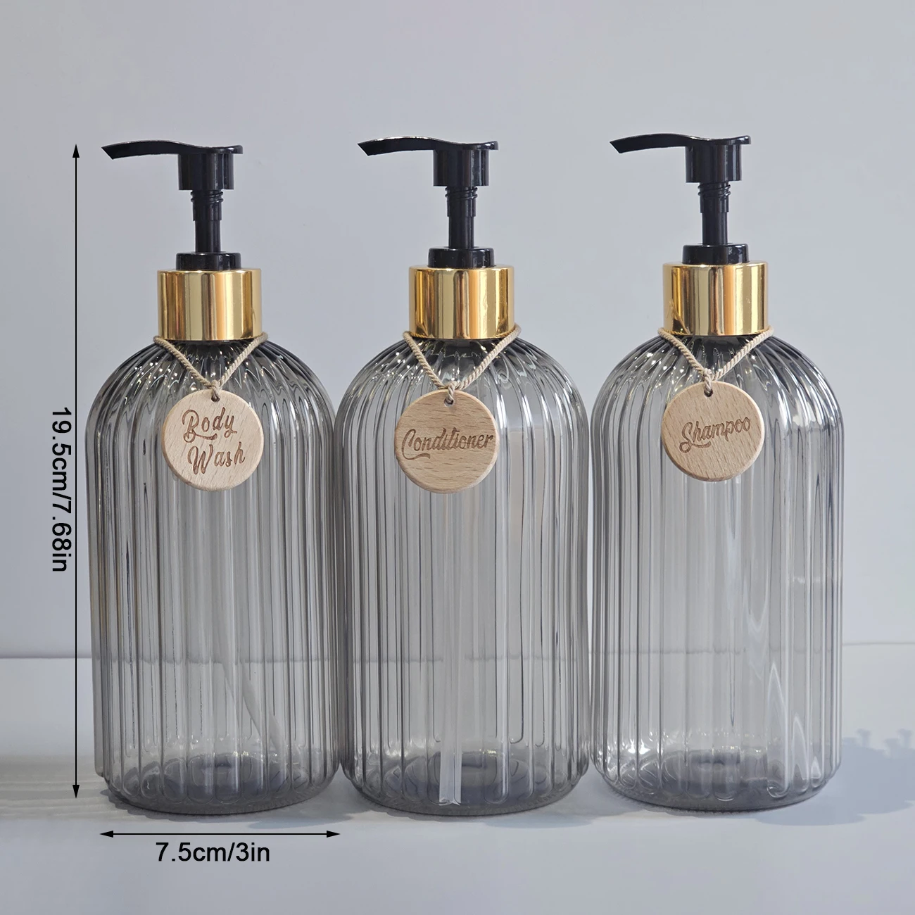 3er-Set Elegante Shampoo-, Conditioner- und Duschgel-Spenderflaschen mit Etiketten, ideal für das Badezimmer, nachfüllbare Kunststoffflasche – Detail 6