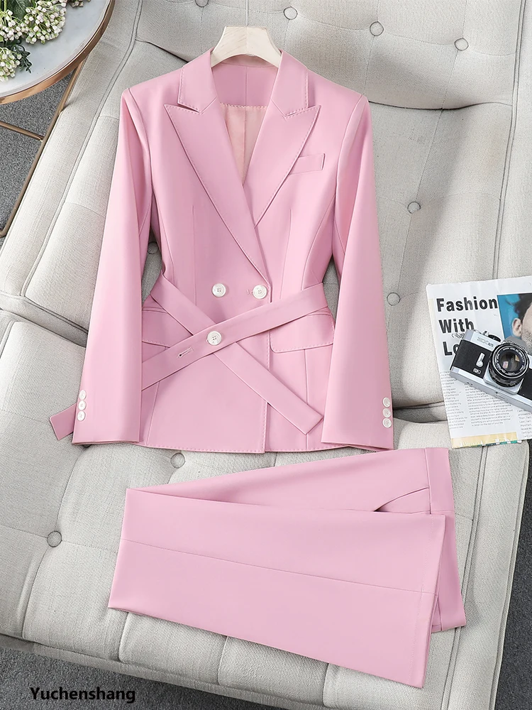 

Fashion Pink Navy Apricot Women Pant Suit 2 Piece Set Office Ladies Female Business Work Formal Blazer Jacket And Trouser