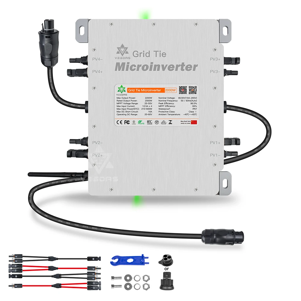 2000W 20-60VDC Solar Grid Connected Micro Inverter, MPPT Pure Sine Wave Converter, Built-In WiFi Intelligent Inverter