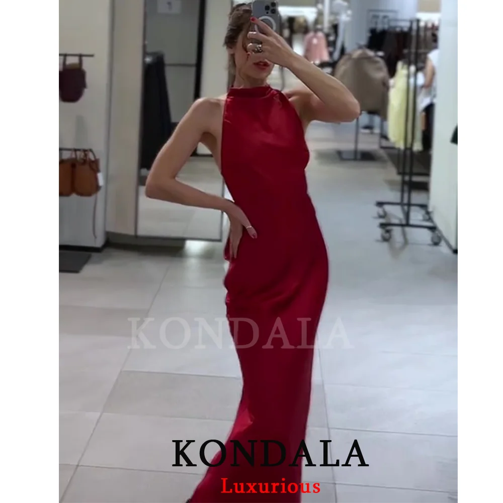 KONDALA elegante vestido de fiesta de satén rojo Halter vestido largo sin espalda moda 2025 Club de noche vestido recto elegante de Año Nuevo