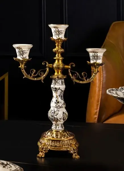 Wholesale High Quality  Retro Designs Antique Brass Porcelain Table Decorations Three Arm Ceramic Candle Holder