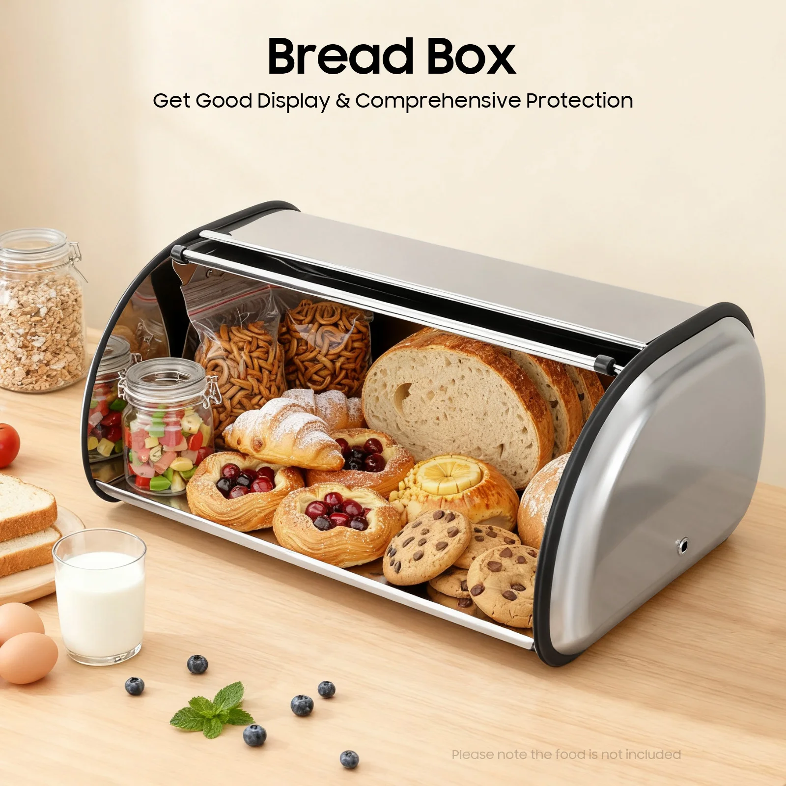 

Большая хлебная коробка из нержавеющей стали с вентиляционными отверстиями, 17,1-дюймовый кухонный органайзер для хранения хлеба, выпечки, печенья, современный серебряный органайзер